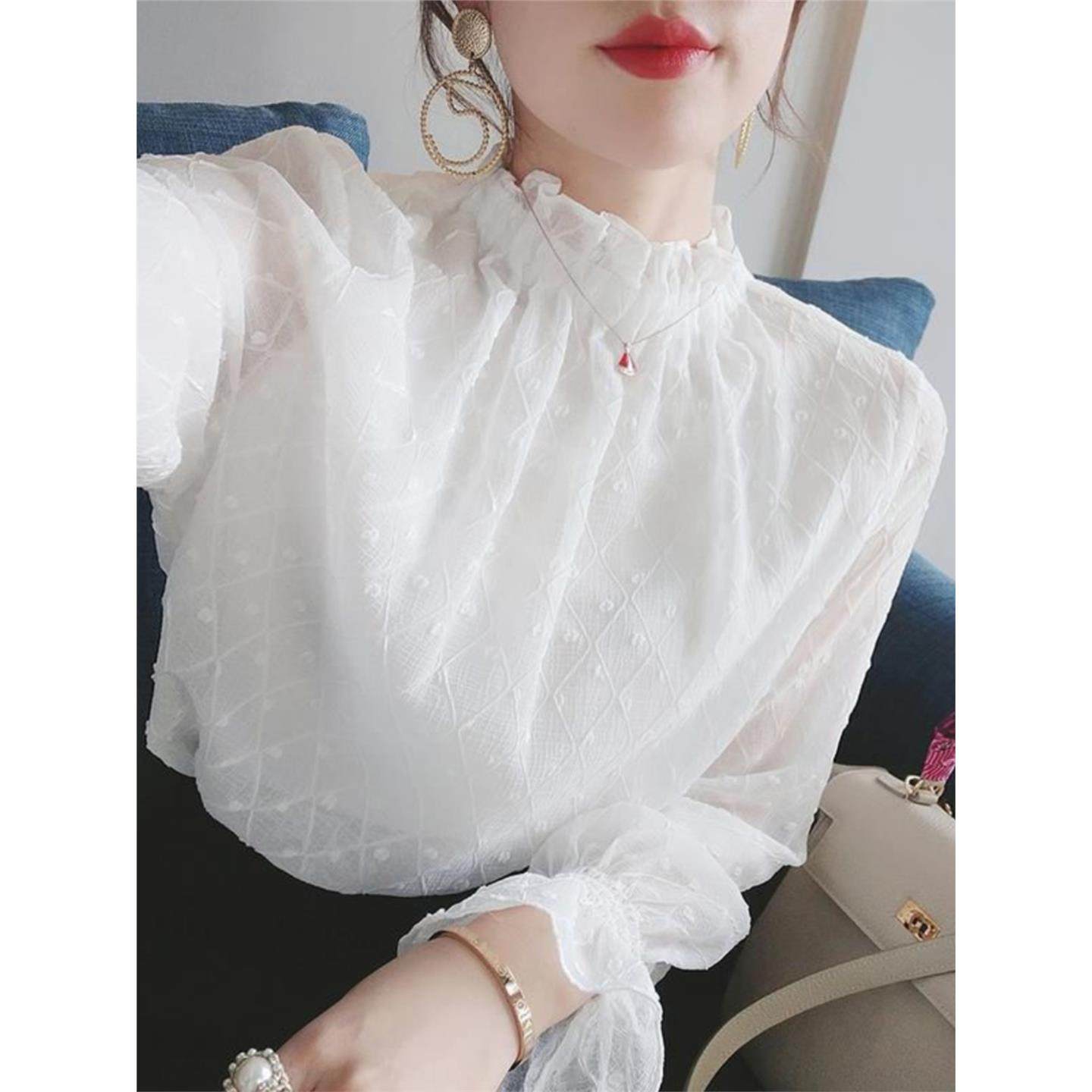 白色雪纺衬衫女士2026夏季新款洋气休闲花边上衣半高领蕾丝打底衫