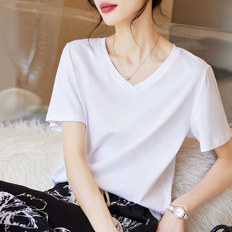 2026夏季女V领丝光棉短袖T恤上衣图片