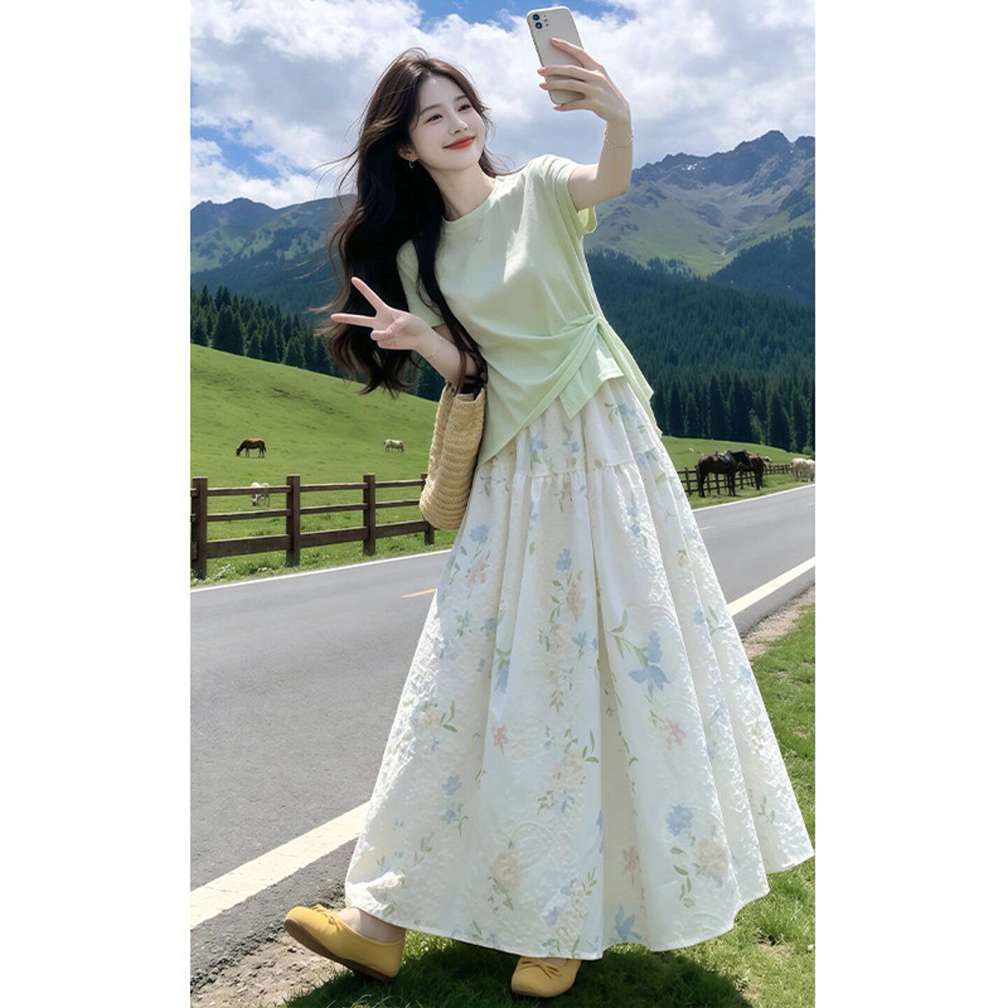 不规则绿色减龄短袖T恤女图片