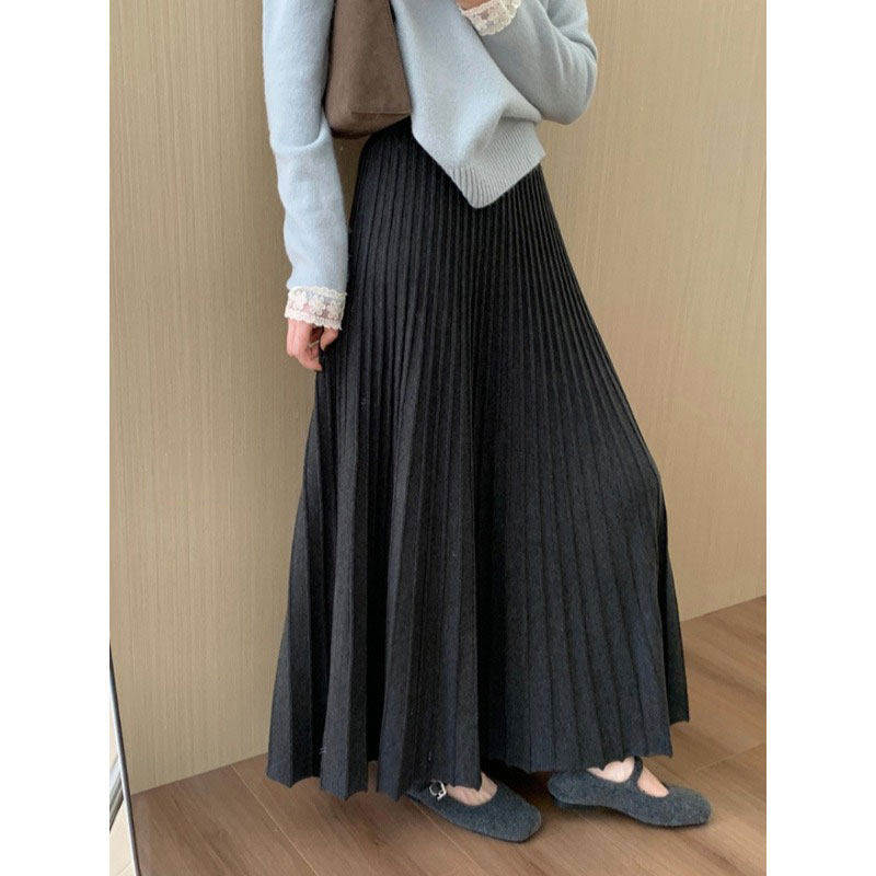格雷系加厚毛呢半身裙女2026新款秋冬季细百褶裙高腰遮肉垂感长裙