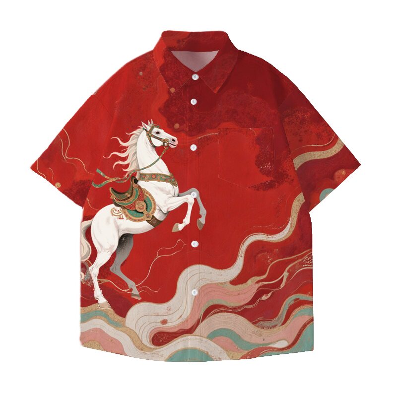 2026马年本命年短袖衬衫开衫衬衣男女红色衣服百搭潮流全彩衬衫夏,男装,衬衫,淘宝优惠券,粉丝福利购,淘宝优惠卷