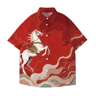 2026马年本命年短袖衬衫开衫衬衣男女红色衣服百搭潮流全彩衬衫夏