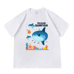 翻车鱼海洋动物印花落肩款260克重磅短袖T恤男女同款上衣夏季tee