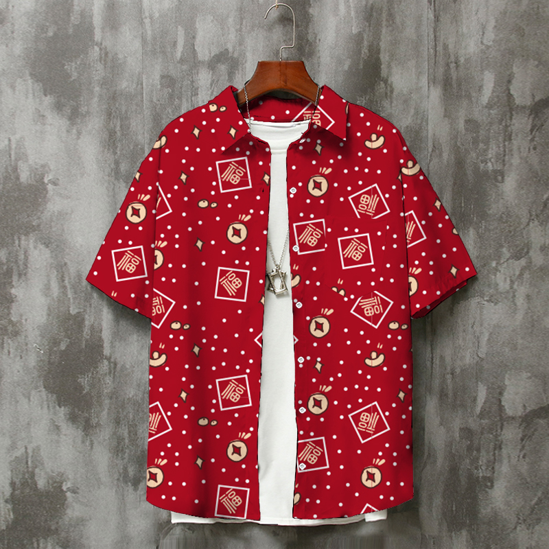 福红色衬衫中国传统文化短袖衬衫