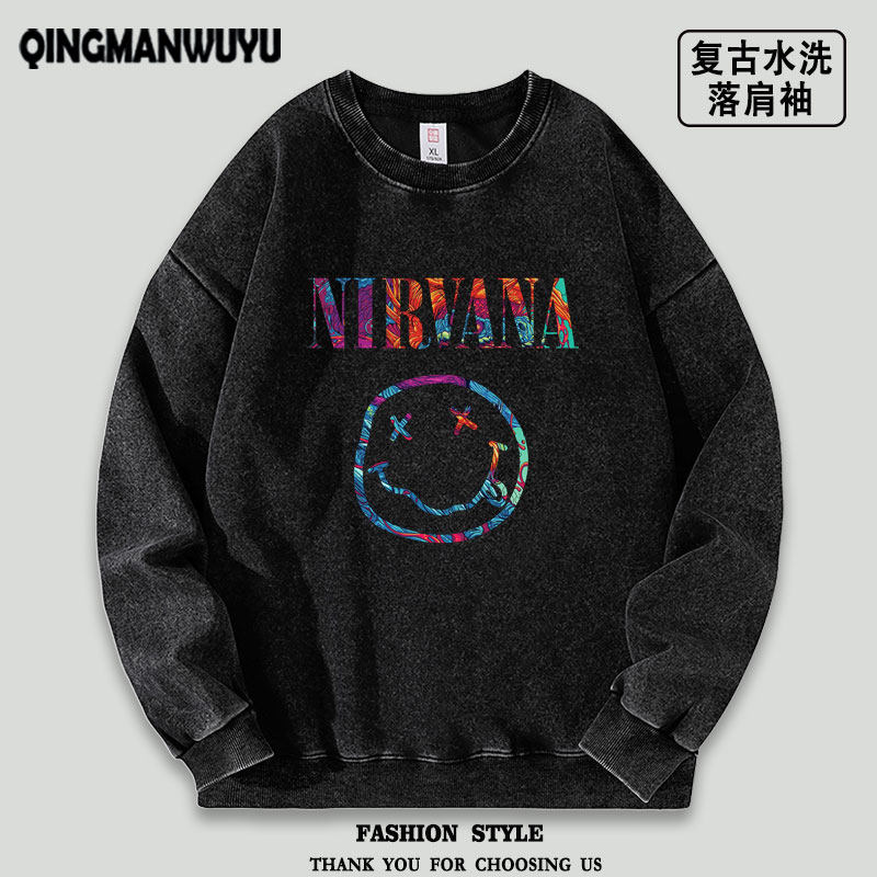Nirvana涅槃乐队欧美金属摇滚水洗落肩袖薄款卫衣男女款秋冬衣服