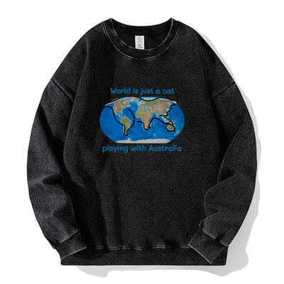 World is a cat playing水洗落肩袖薄款卫衣男女同款秋季休闲衣服