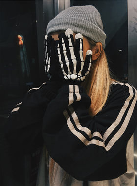 男女毛线手套保暖美式复古骷髅