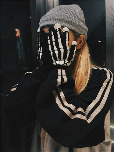男女毛线手套保暖美式复古骷髅
