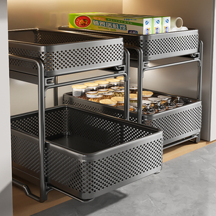 厨房下水槽置物架橱柜内分层柜超深窄缝双层抽拉式调料品收纳拉篮