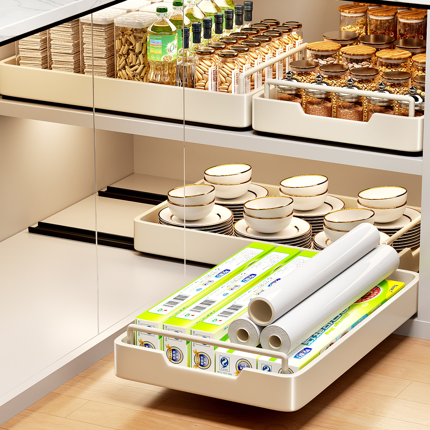 厨房调料置物架橱柜内抽拉下水槽拉篮免打孔抽屉式调料瓶收纳盒,收纳整理,橱柜收纳筐,淘宝优惠券,粉丝福利购,淘宝优惠卷