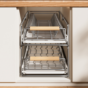 不锈钢碗碟收纳架厨房橱柜内置抽屉式拉篮抽拉碗盘置物架沥水碗架