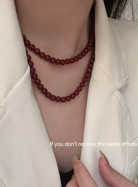 S925纯银安可拉红色串珠长款元宝扣毛衣链女新款叠戴配饰简约秋冬