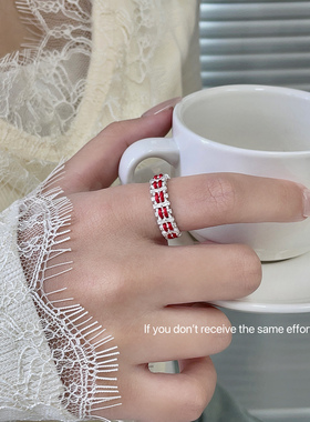 S925纯银碎银子红色编织戒指女2024新款新中式设计感小众设计时尚