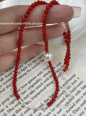 S925纯银韩国气质红色串珠项链珍珠碎银子时尚高级感锁骨链颈链