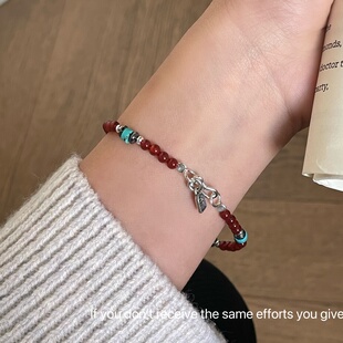 S925纯银民族风红玛瑙绿松石大吉银牌手链百搭小众设计复古简约