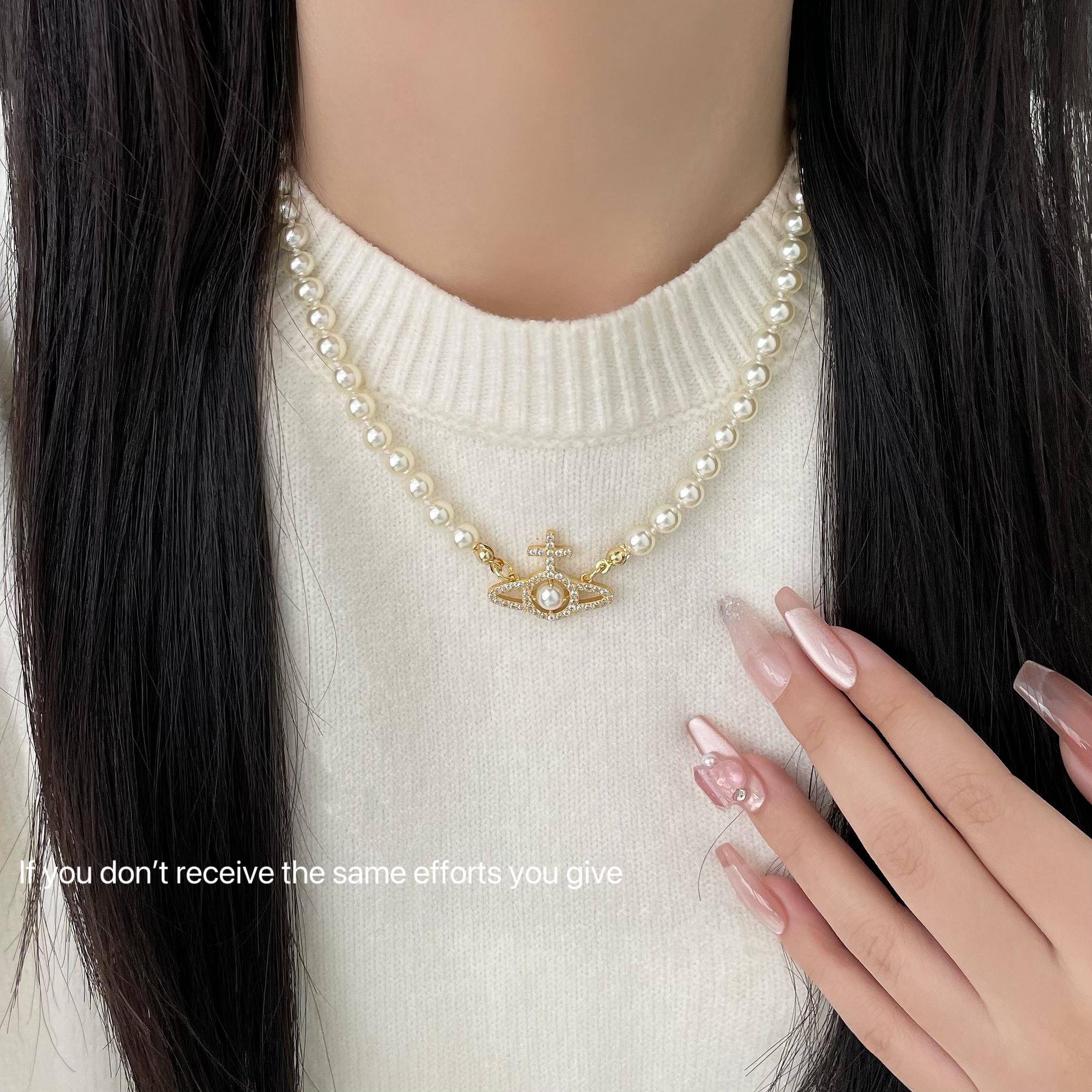 S925纯银西太后十字土星珍珠满钻手链项链小众设计时尚高级百搭