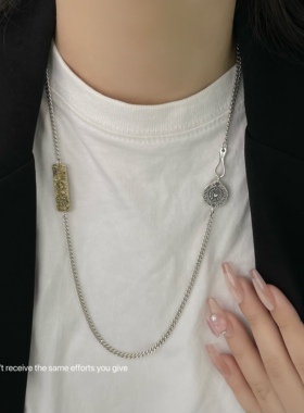 S925纯银重工做旧福长佛牌钩扣侧身链项链潮流嘻哈男女古巴单链