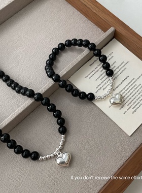 S925纯银小众黑玛瑙圆珠爱心项链秋冬火爆款手链项链简约ins套装