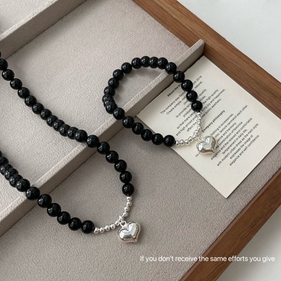 S925纯银小众黑玛瑙圆珠爱心项链秋冬火爆款手链项链简约ins套装