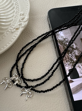 S925纯银黑色圆珠编织蝴蝶结项链ins气质高级感小众设计百搭