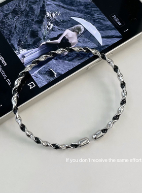 S925纯银黑色拼接麻花扭曲开口手镯时尚手环小众高级感百搭款