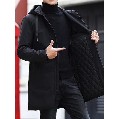 连帽风衣男中长款秋冬加绒加厚潮