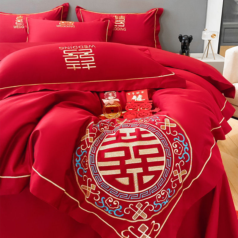 大红色四件套全棉床单被套纯棉高档奢华婚庆刺绣结婚喜庆床上用品