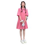 韩版甜美俏皮Polo领连衣裙女2025夏季新款法式宽松显瘦百褶短裙子，女装连衣裙，2D043