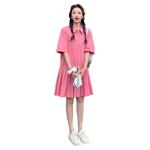 韩版甜美俏皮Polo领连衣裙女2025夏季新款法式宽松显瘦百褶短裙子图片
