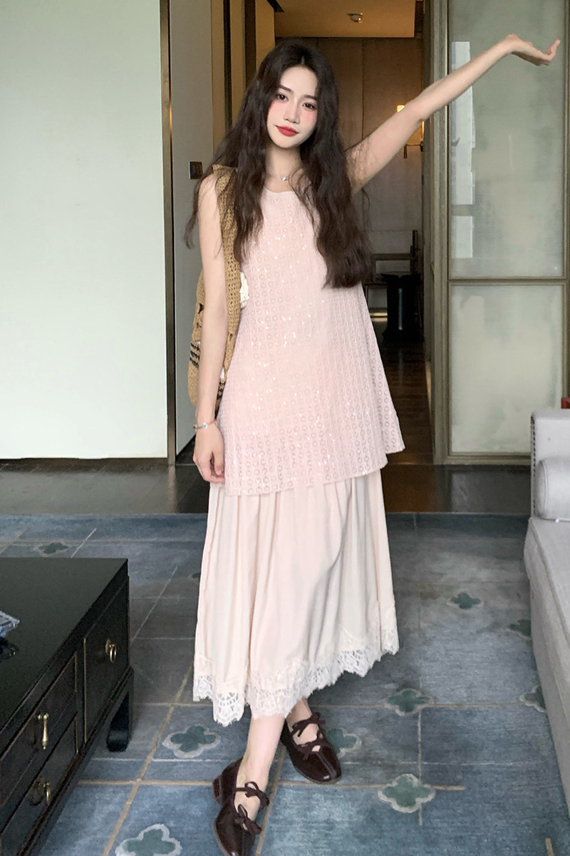 法式镂空蕾丝拼接假两件连衣裙女2025初夏新款气质感温柔无袖长裙,女装连衣裙,2D043