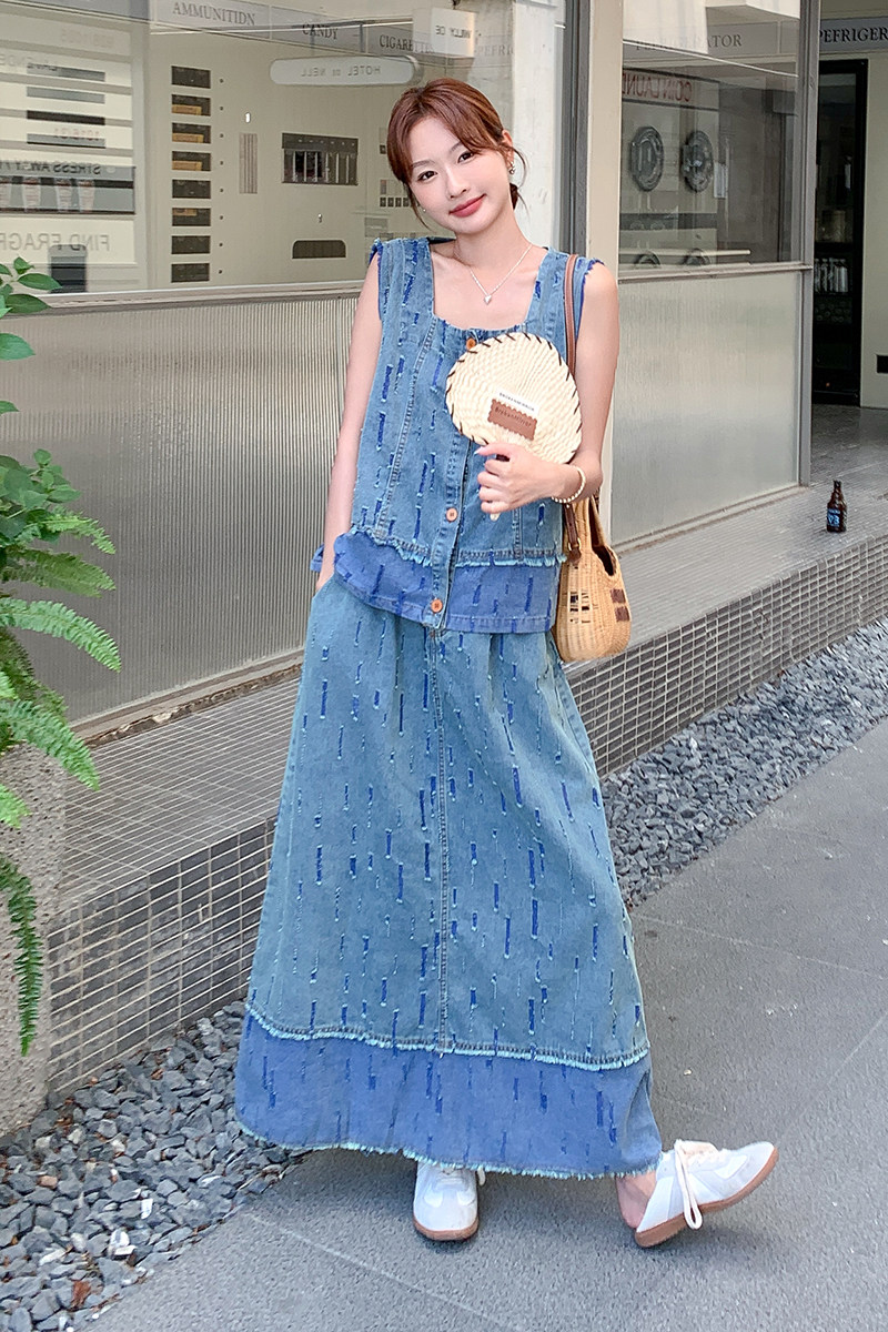 气质显瘦慵懒风牛仔套装裙女2025夏季单排扣上衣半身裙淡人两件套,女装套装/套裙,2D043