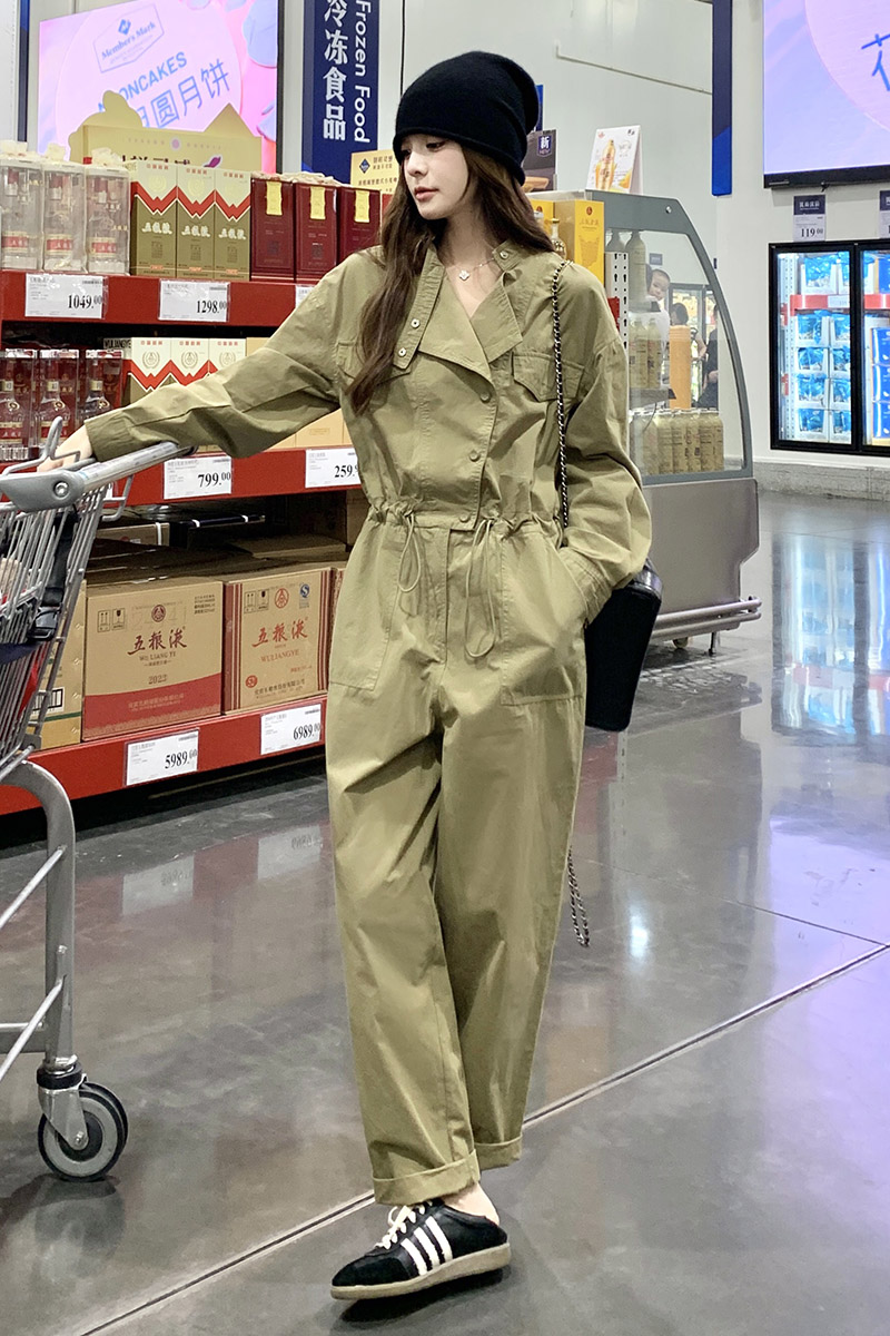 设计感炸街工装连体裤女2025春秋季新款韩系宽松休闲卡其色连衣裤,女装连体裤,2D043