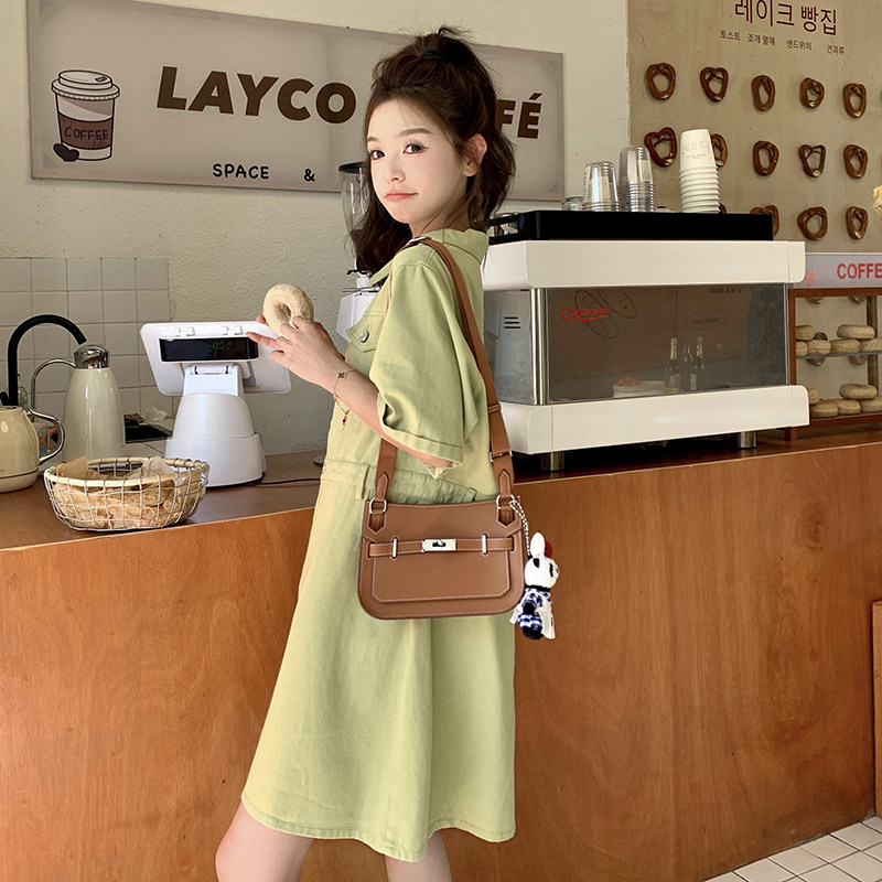 新品现货款号6120工装绿色水洗棉连衣裙P125K178,女装连衣裙,2D043