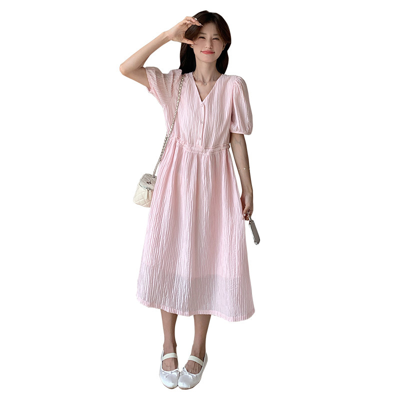 法式温柔风褶皱v领连衣裙女2025夏季新款韩版收腰显瘦减龄长裙子,女装连衣裙,2D043