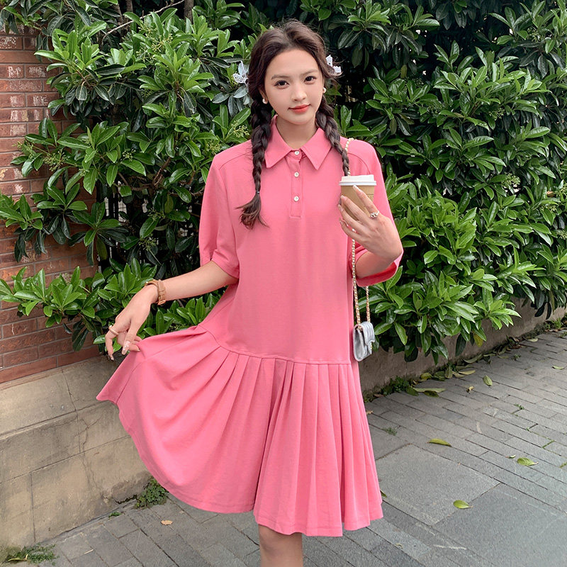 韩版甜美俏皮Polo领连衣裙女2025夏季新款法式宽松显瘦百褶短裙子,女装连衣裙,2D043