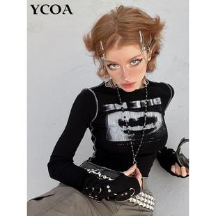 Women T-Shirt Y2k Black Rib Crop Top Long Sleeve Slim Skull