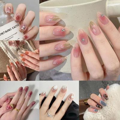 24pcs Jelly Press on Fake Nails Set Short Acrylic Long Coff
