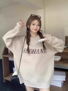 美式 上衣 复古慵懒风软糯字母毛衣女2023秋冬季 宽松套头圆领针织衫