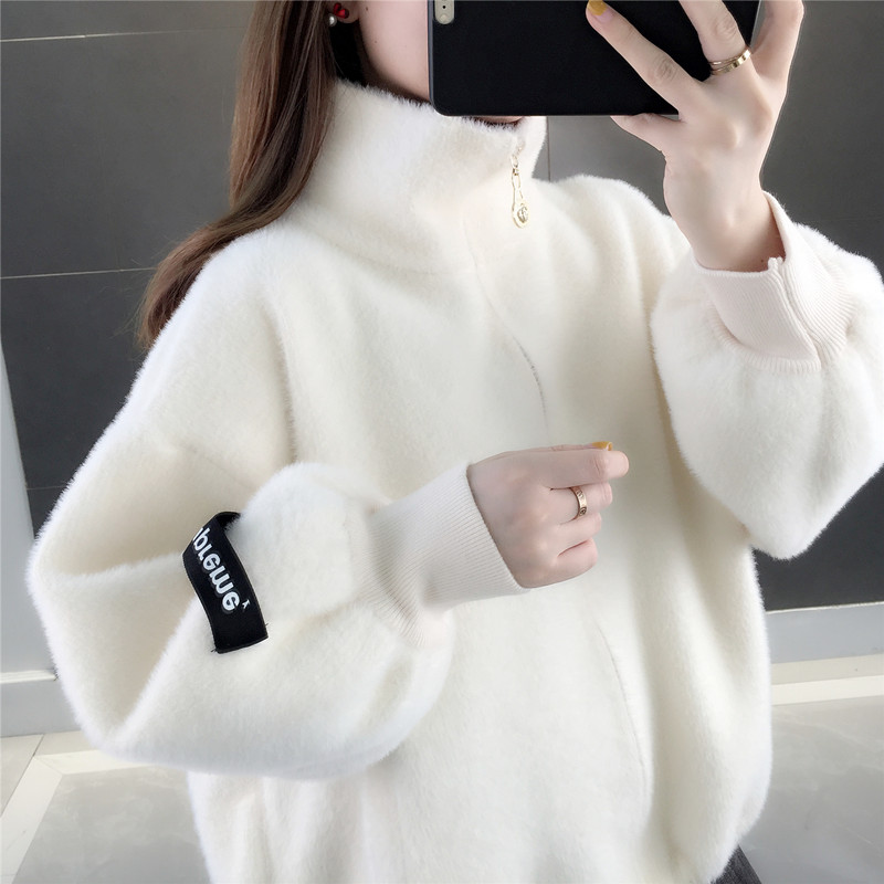仿水貂绒高领加厚慵懒风针织开衫