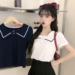 Korean SLIM NAVY collar short sleeve T-shirt