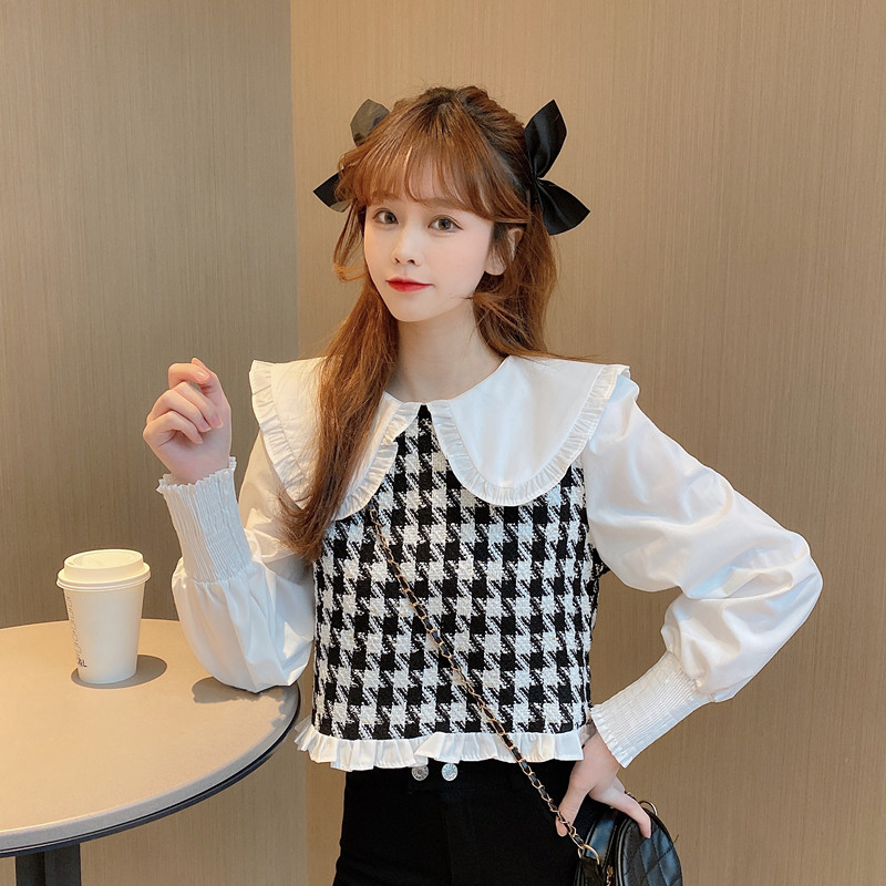 Real price Korean Plaid splicing baby collar Long Sleeve Shirt Top