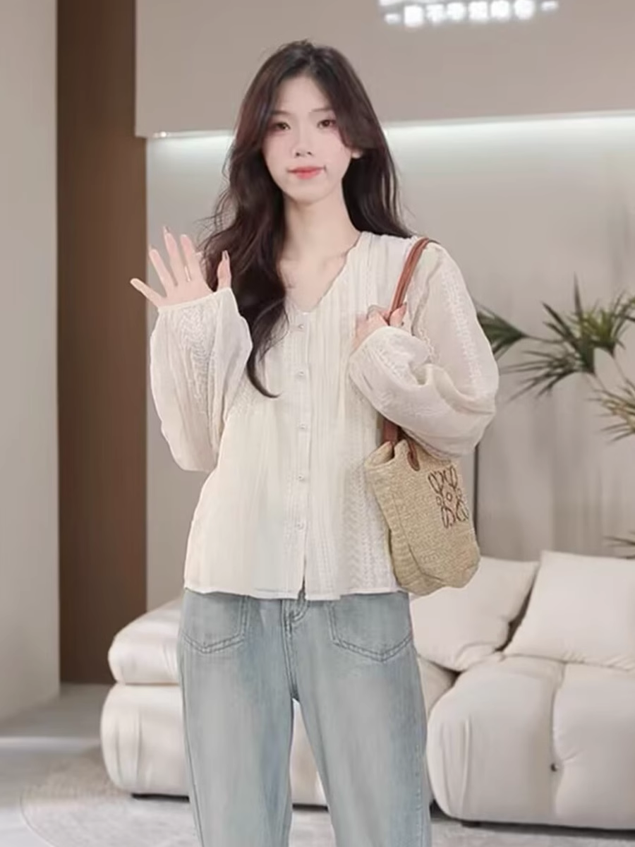 夏梵尼微醺日光长袖衬衫秋装女2023年新款刺绣小衫灯笼袖法式上衣
