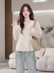 夏梵尼微醺日光长袖衬衫秋装女2023年新款刺绣小衫灯笼袖法式上衣
