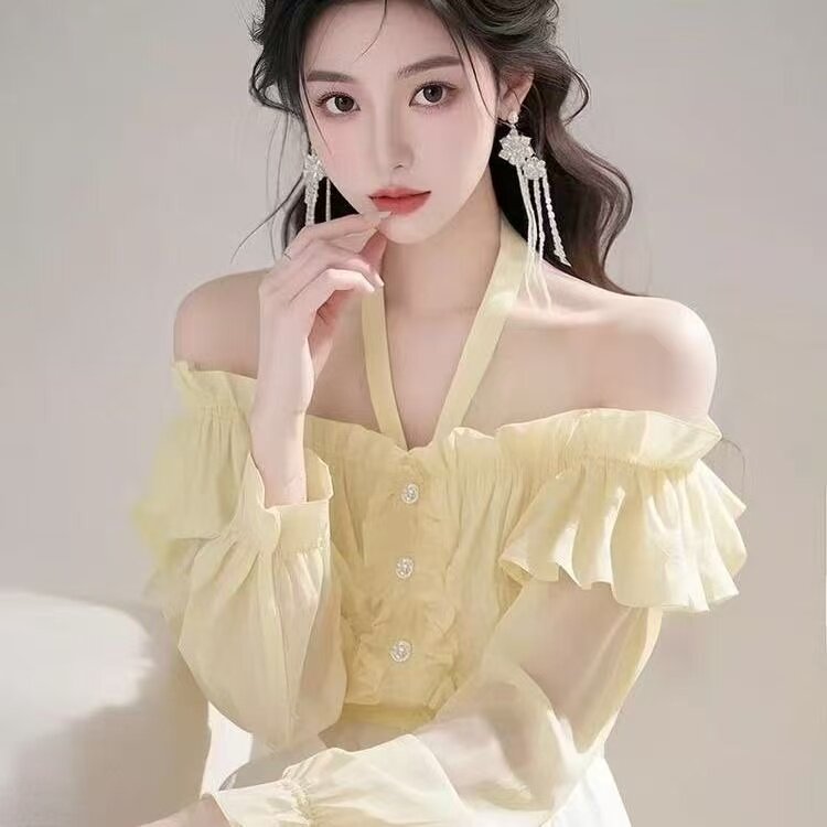 法式高级感挂脖设计感长袖衬衫女春季荷叶边露肩甜美好看漂亮上衣
