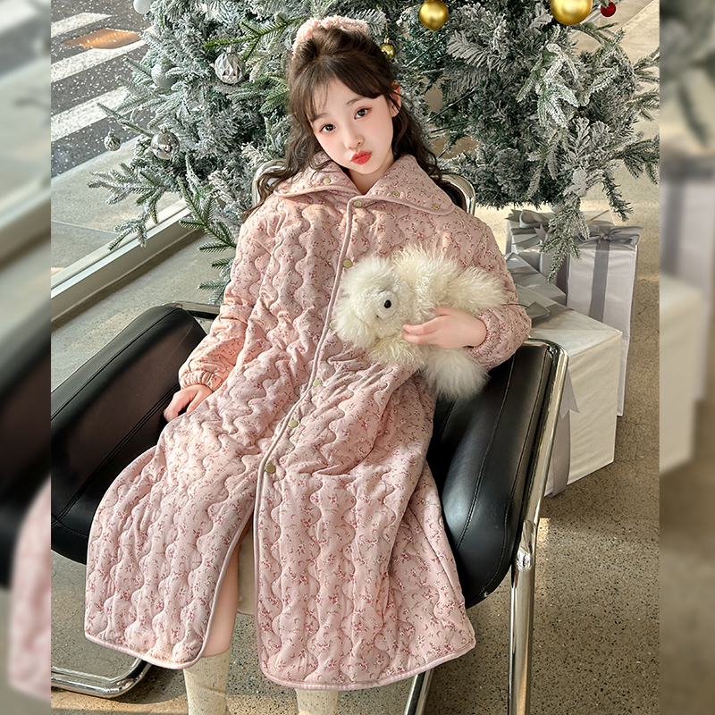 女童夹棉袄睡袍2025年新款冬季长袖三层加厚小碎花保暖睡衣法兰绒