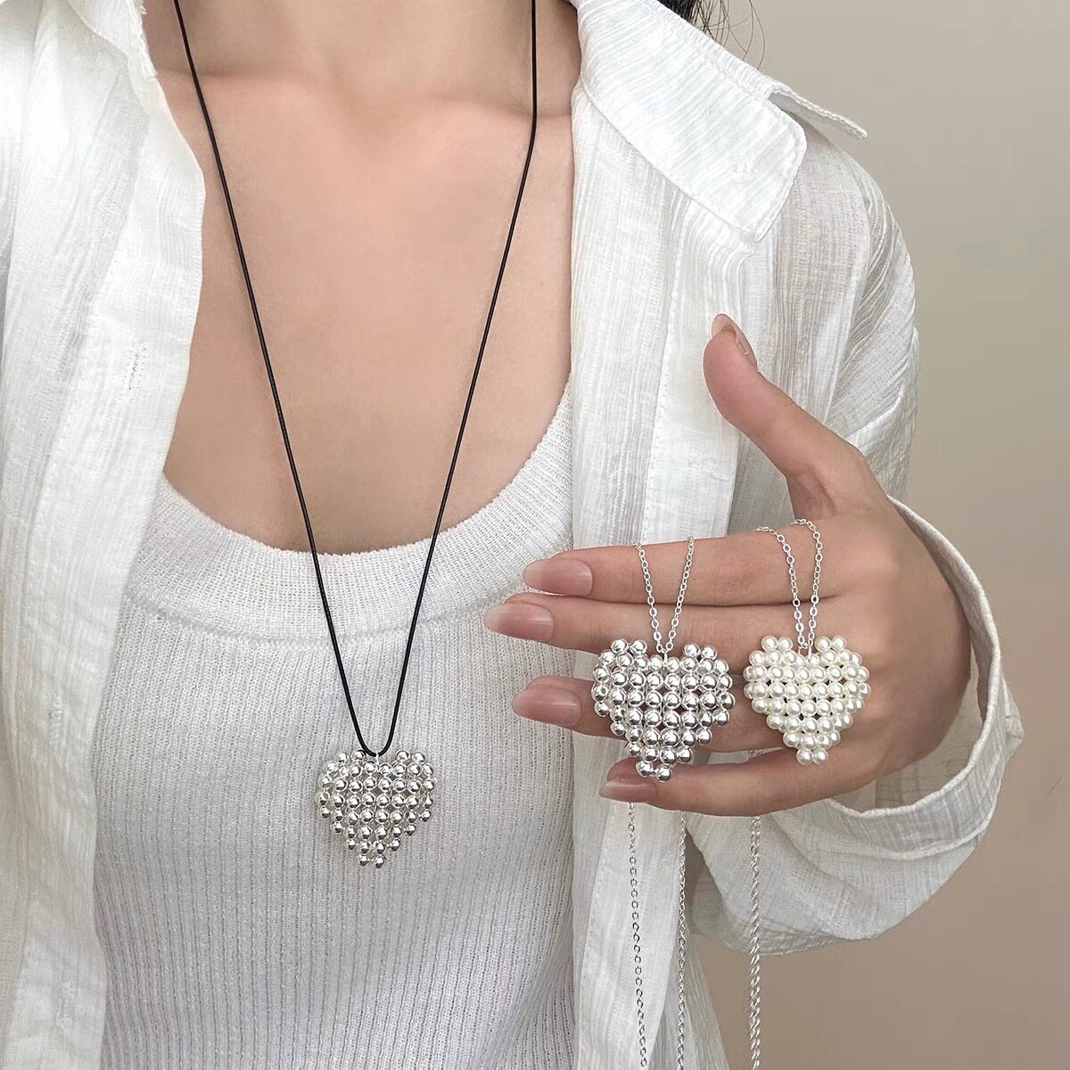 韩系手工珍珠爱心项链女长款可调节串珠毛衣链气质百搭ins风配饰