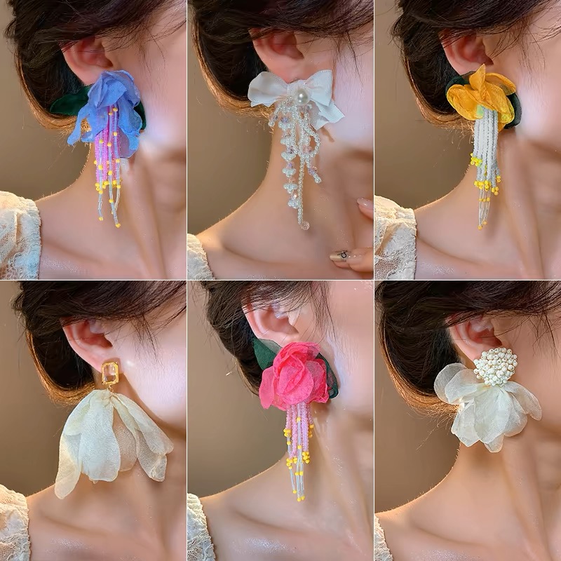 日韩雪纺材质花朵耳环女