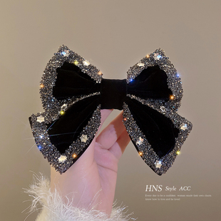 秋冬高端法式镶钻丝绒蝴蝶结发夹气质后脑勺马尾弹簧夹发卡头饰女