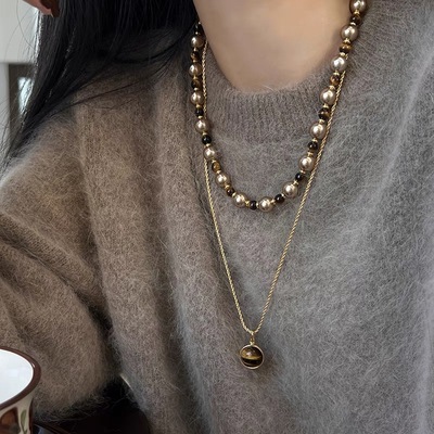 合金材质叠戴双层虎眼石项链女