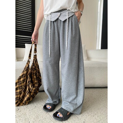 潮衣看2026新款博主私服可拆卸格纹腰带松紧高腰显瘦弯刀阔腿卫裤